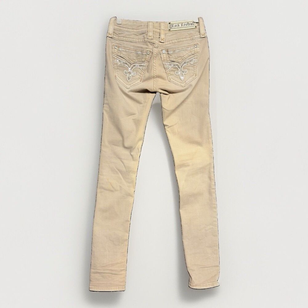 Rock Revival Betty Ankle Skinny Jeans Womens 24 Beige Khaki Denim Embellished